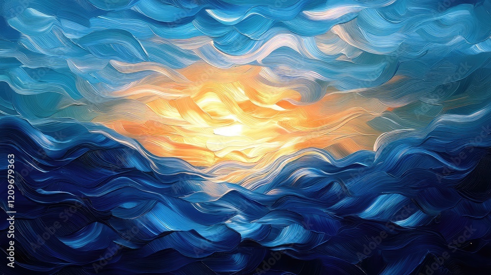 Poster sunset over ocean waves with receding shades of blue and warm yellow light, creating a serene coasta