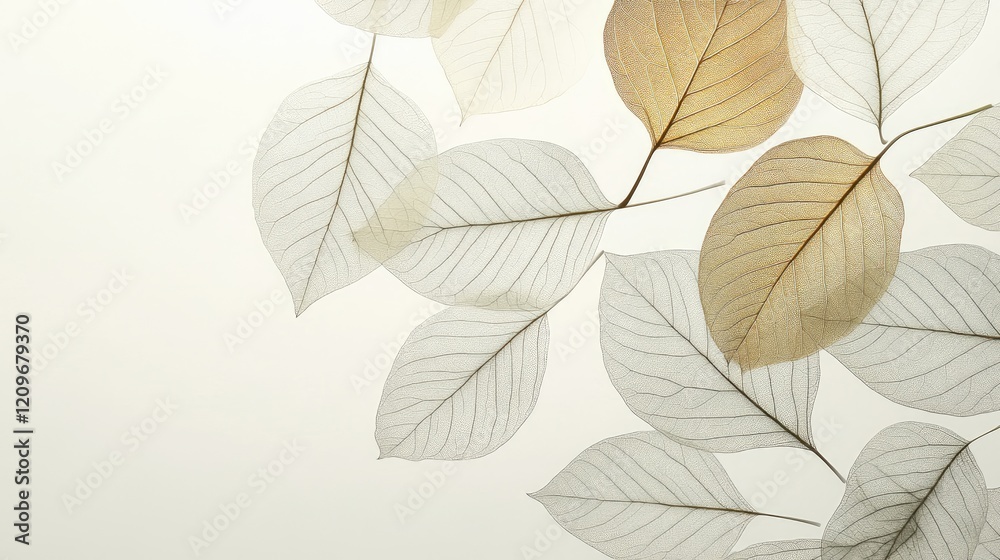 Poster translucent skeleton leaves floral composition on soft white background for elegant decor and design