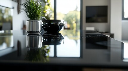 High-gloss black surface reflecting soft ambient light for a modern look
