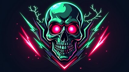  a vibrant gaming logo featuring a stylized skull with glowing red eyes, neon green accents, and sharp angular typography. Add lightning effects to give it an electrifying look."
