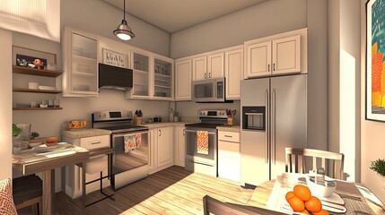 Obraz premium Real estate kitchen showcasing buttercup cream cabinets, stainless steel appliances, and a cozy dining nook