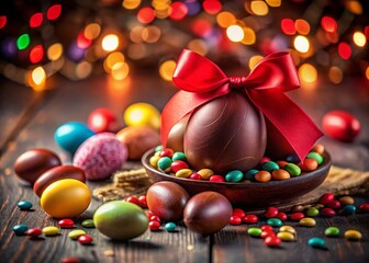 Easter Chocolate Eggs Night Photography: Colorful Candy & Red Ribbon