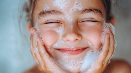 Happy Child with Foamy Facial Cleanser Smiling Brightly in Soft Natural Light in a Light Blue Background, Promoting Youthful Skincare Solutions