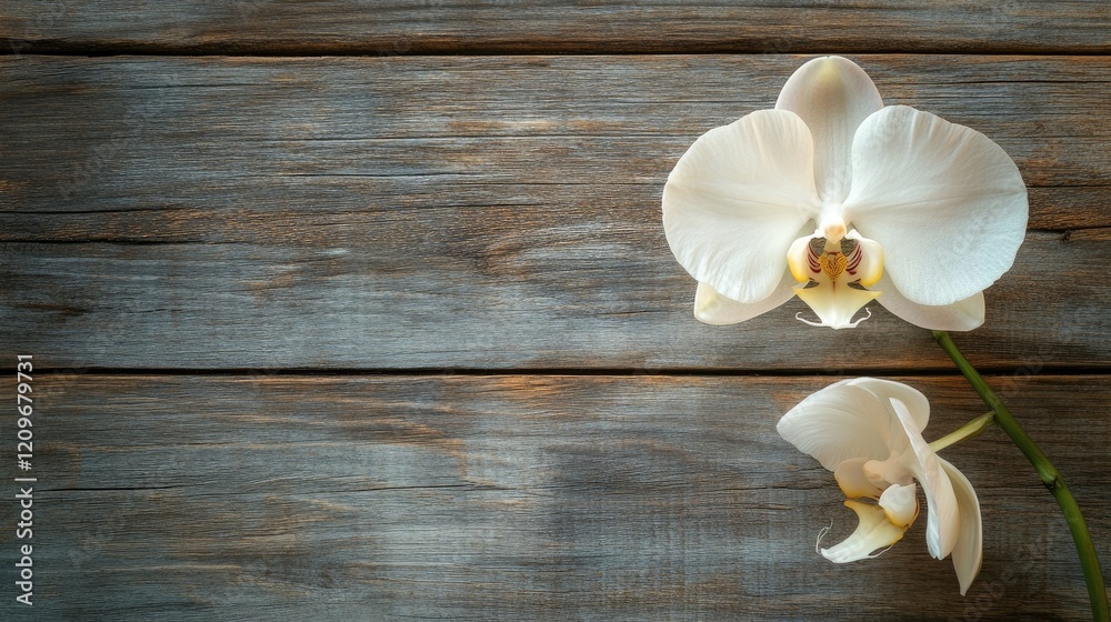 Poster Elegant White Orchid on Textured Rustic Wooden Surface with Soft Focus and Ample Space for Text or Design Elements