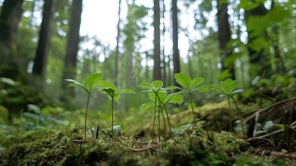 Obraz premium Vibrant Green Seedlings Emerging from Lush Forest Floor Surrounded by Tall Trees and Soft Diffused Light in Springtime Nature