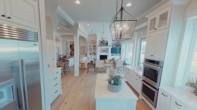 Real estate listing showcasing a spacious buttercup cream kitchen with stainless steel appliances and an airy dining nook