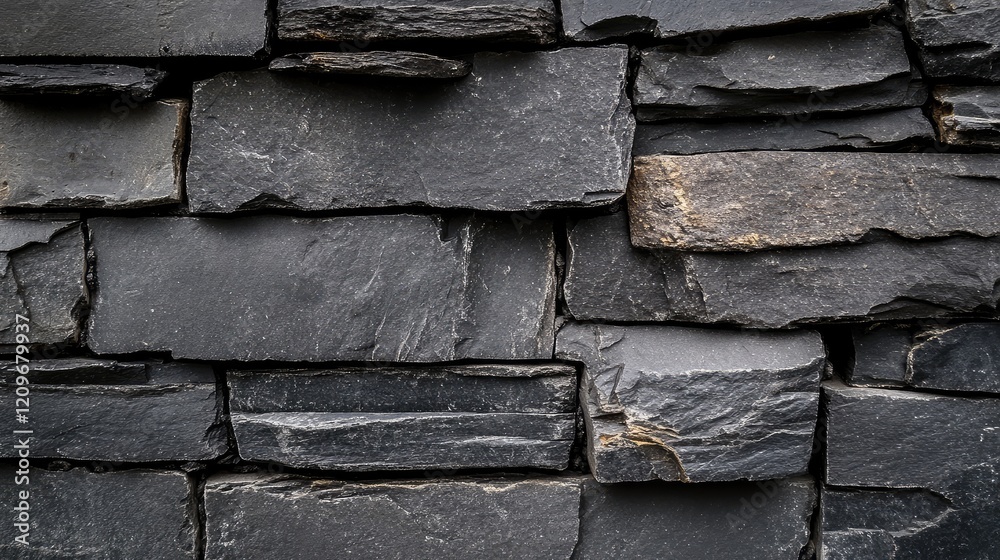 Aufkleber Textured Slate Black Stone Wall with Dark Gray and Charcoal Tones in a Close-up View Ideal for Background and Surface Design Concepts