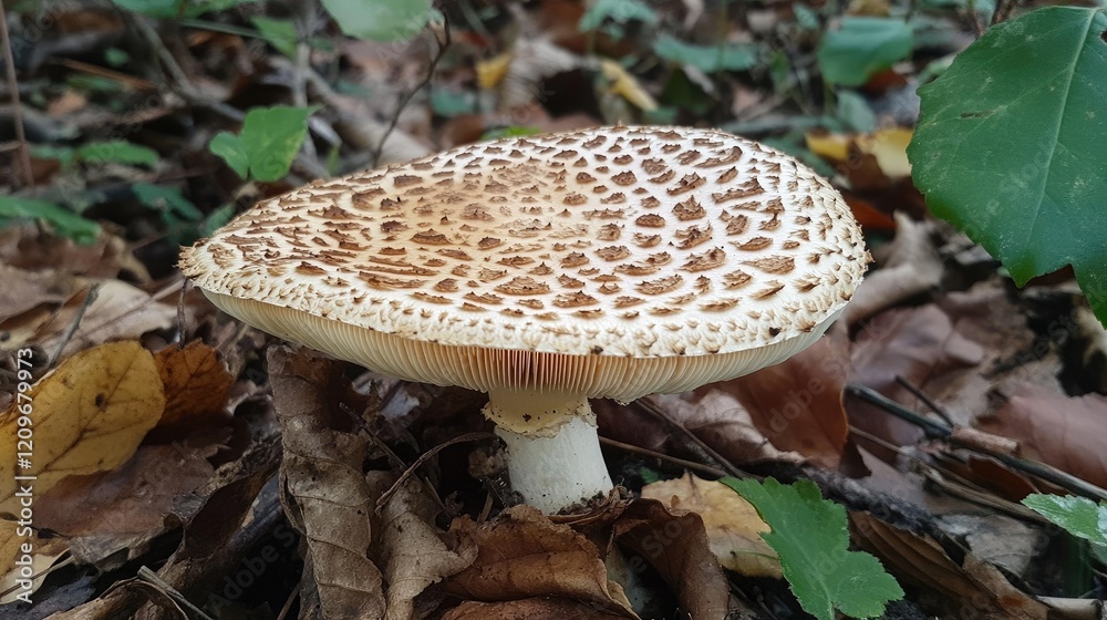 Poster mushroom growing in forest with textured cap surrounded by leaves and foliage in natural setting