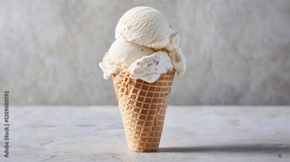 Poster classic waffle cone filled with creamy white ice cream against a soft neutral backdrop inviting a se