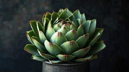Obraz premium Artichoke centerpiece in a modern vase with a dark textured background showcasing botanical elegance and natural beauty.