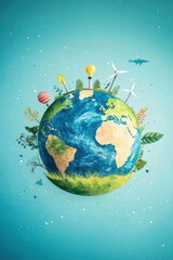 Naklejka premium Illustration of Earth wrapped in renewable energy and water conservation symbols