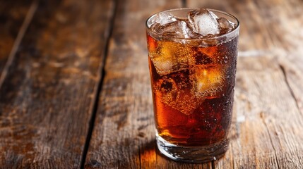 Refreshingly cold soft drink with ice cubes served in a glass on a rustic wooden table setting