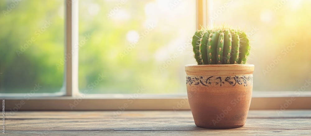 Poster small green cactus in decorative pot on rustic wooden table with sunlight shining through window cre