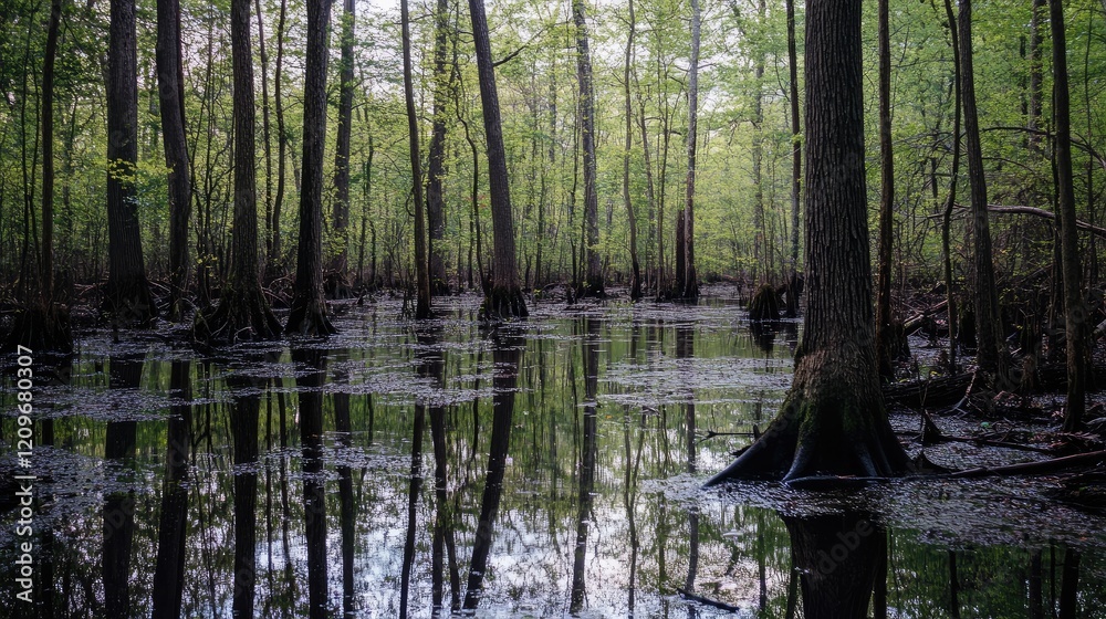 Poster cypress swamp landscape reflecting serene greenery and water in a tranquil natural reserve setting