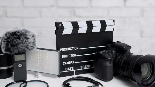 videography concept - modern dslr camera, lenses, microphone, led light, clapper board and other videography equipment over white brick wall background