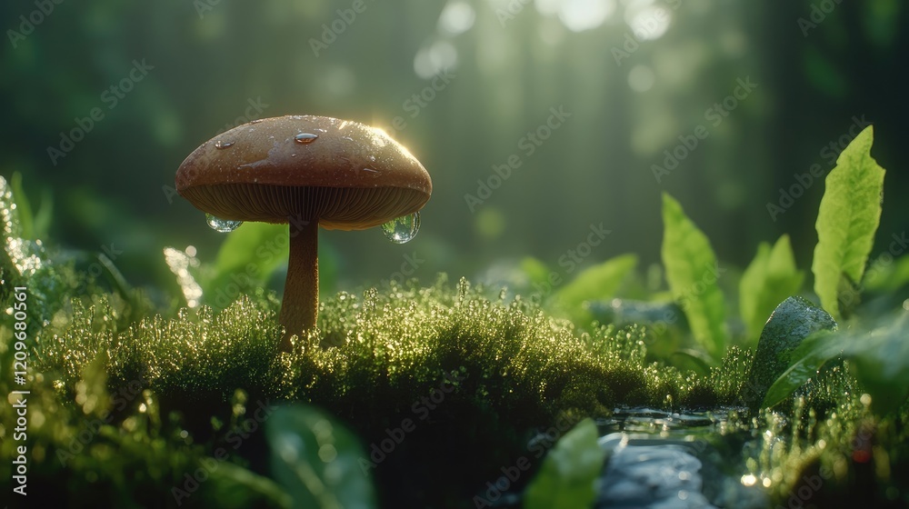 Poster Mushroom with water droplet on cap surrounded by lush greenery in a forest symbolizing resilience and adaptability in nature