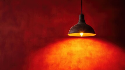 Obraz premium Vintage brown hanging lamp illuminating a vibrant red wall creating a warm and inviting ambiance in an interior setting.