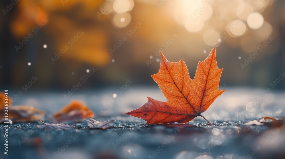 Aufkleber Autumn leaf in shallow depth of field with bokeh light background symbolizing wellness and tranquility for lifestyle content copy space