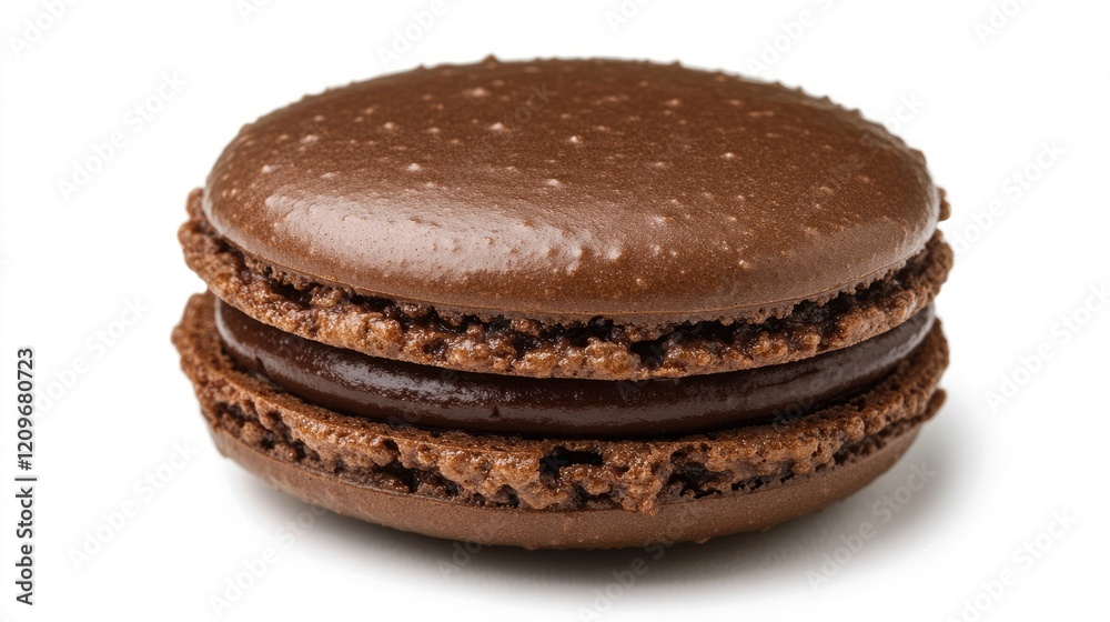 Poster chocolate macaroon on a clean white background highlighting its texture and details ideal for desser