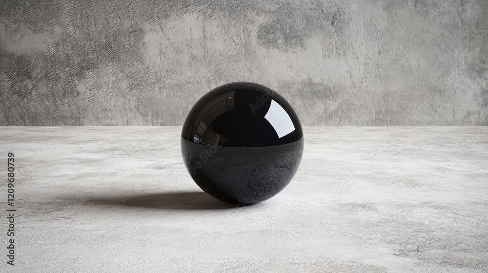 Aufkleber Black Glossy Globe Resting on Light Gray Minimalist Stone Surface with Subtle Shadow and Soft Reflections