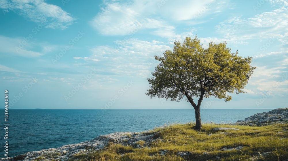 Poster lone tree by the tranquil sea under a blue sky with soft clouds and rocky shoreline in the backgroun
