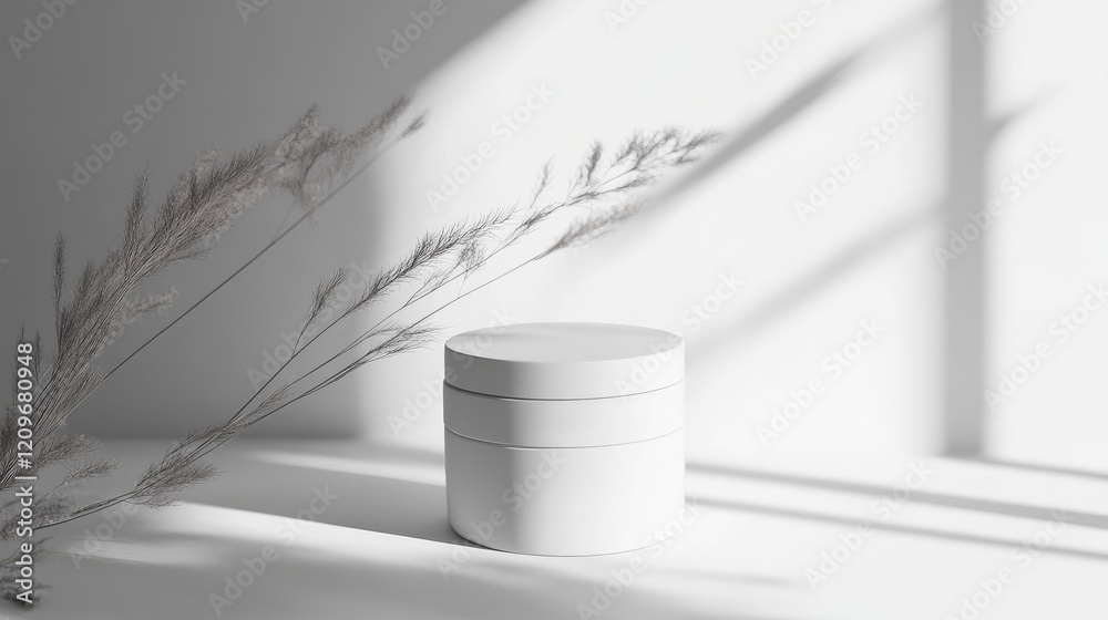 Aufkleber Minimalist Skincare Display with Elegant White Cosmetic Containers Illuminated by Soft Natural Light and Subtle Shadow Play in Modern Setting
