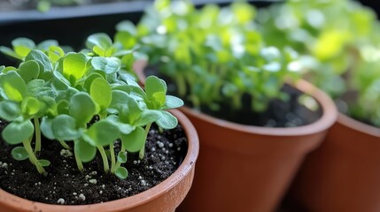 Close Up of Vibrant Green Seedlings Germinating in Terra Cotta Pots with Dark Soil Against a Soft Focus Background of Lush Greenery