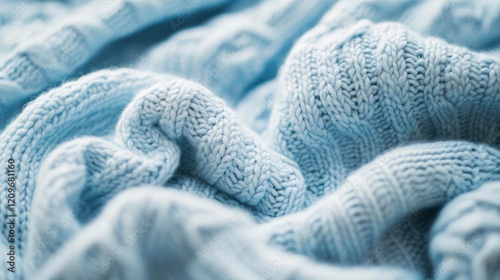 Aufkleber Soft blue knitted fabric texture with intricate patterns and folds creating a cozy and inviting atmosphere for fashion and textile themes