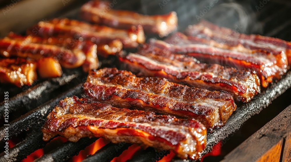 Poster appetizing strips of bacon and juicy steak sizzling on a smoky barbecue grill creating a flavorful a