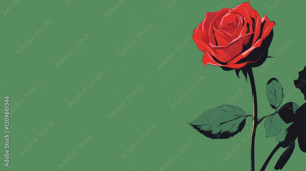 Poster Elegant red rose with lush green background creating a serene and romantic atmosphere for floral design and greeting card applications