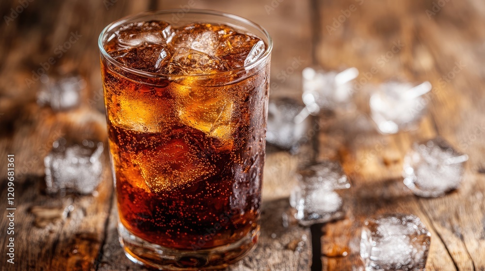 Poster refreshing soft drink with ice cubes in a glass on rustic wooden table ideal for summer beverage adv