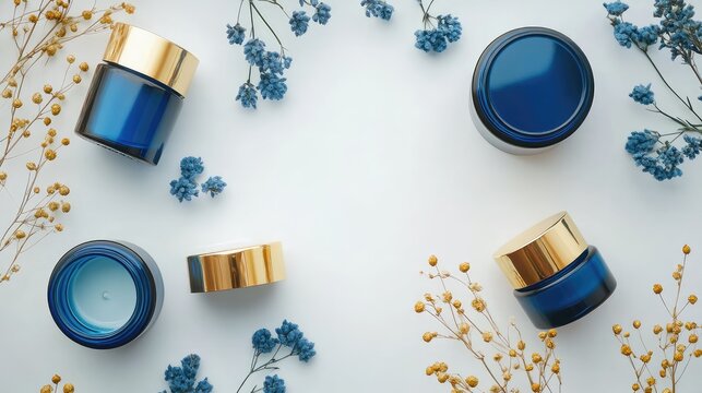 Blue and gold skincare jars elegantly arranged among dried blue flowers on a pristine white background, showcasing beauty and wellness aesthetics.