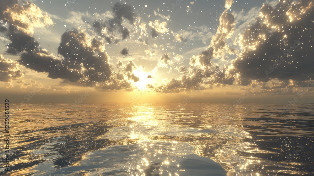 Poster serene ocean horizon at sunset with soft glows of silver and gold illuminating clouds and reflecting
