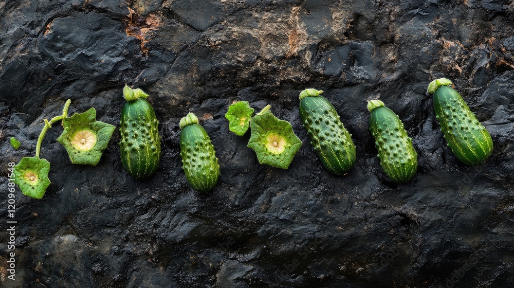 Poster fresh cucumbers with unique textures arranged on a dark stone surface showcasing their vibrant green
