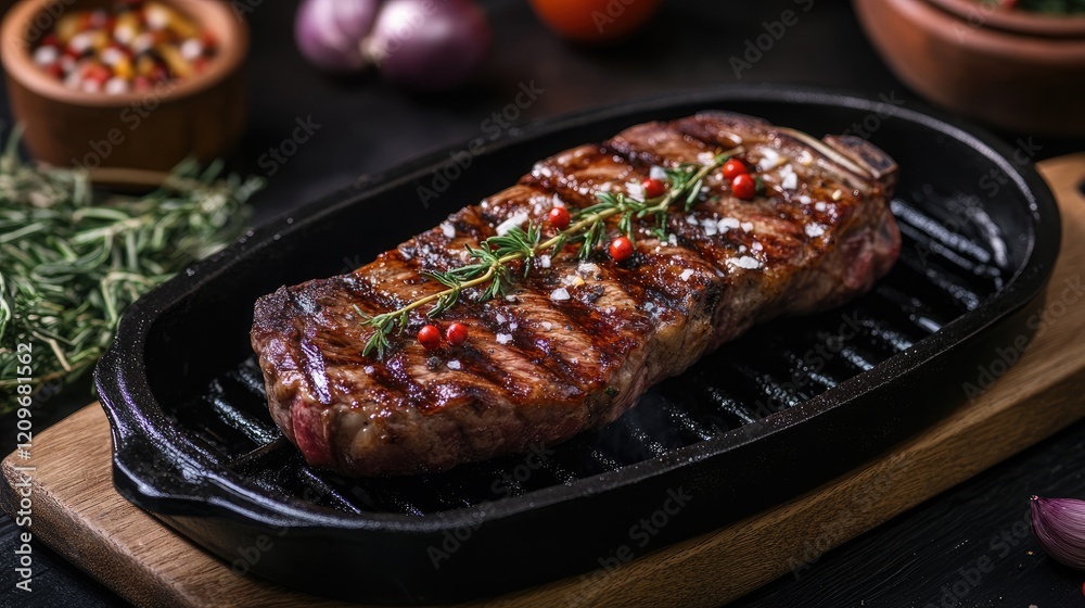 Poster grilled ribeye steak with herbs served on a sizzling platter with fresh vegetables and spices in a r
