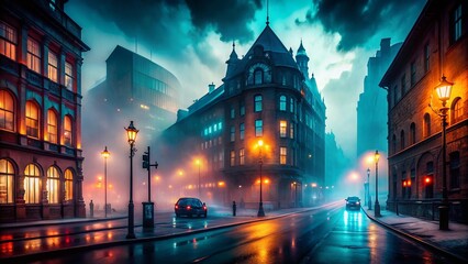 Naklejka premium Eerie Foggy Cityscape: Haunting Silhouettes at Dusk