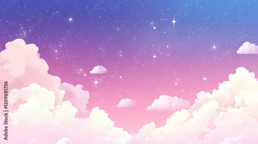 Poster soft pink and blue gradient sky with fluffy white clouds and shining stars in a dreamy atmosphere id