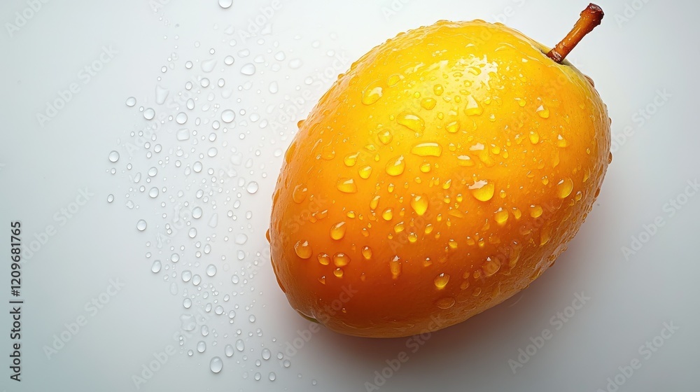 Poster fresh ripe mango adorned with water droplets against a clean white background showcasing its vibrant