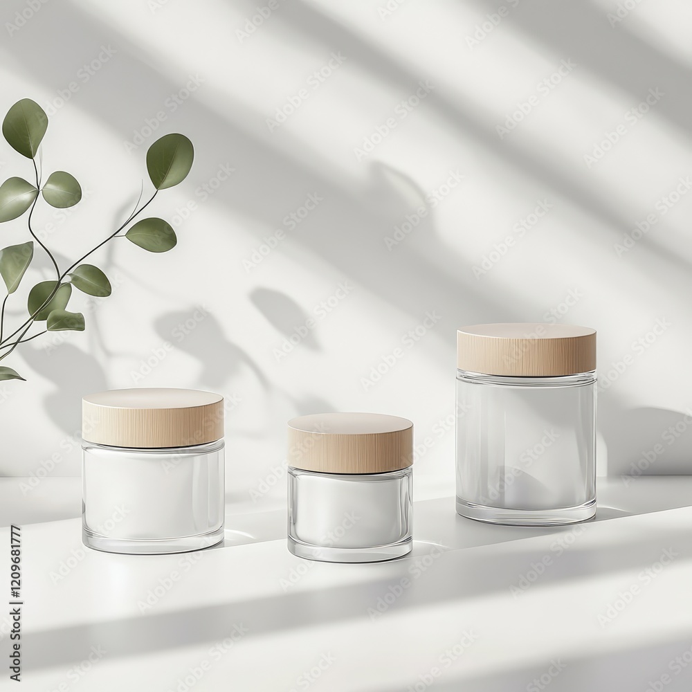 Poster minimalist skin care jars with wooden lids on soft light background, elegant arrangement of three em