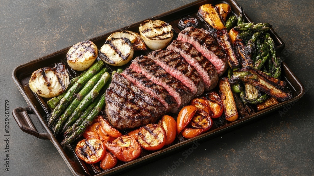 Poster grilled sirloin steak with colorful vegetables garnished with sauce on a rustic tray ideal for gourm