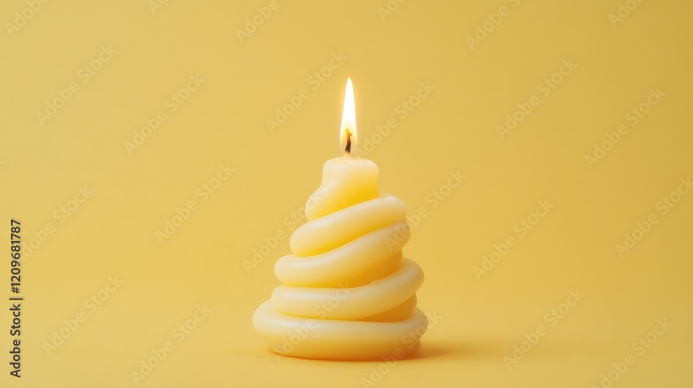 Poster Single yellow candle with a coiled wax design illuminated on a vibrant yellow background creating a warm and inviting atmosphere