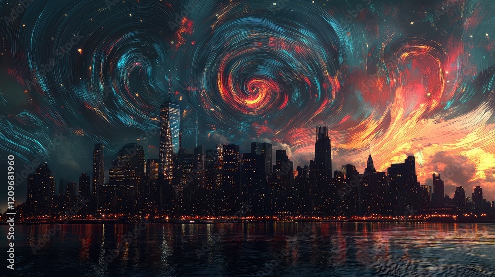 Poster vibrant night skyline with swirling digital patterns in deep blues oranges and purples reflecting on