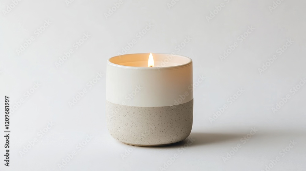Poster single lit candle in minimalistic ceramic holder on soft white background creating a calm and serene
