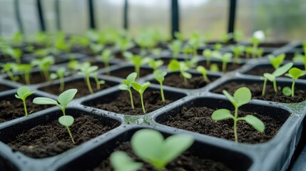 Fresh Green Seedlings Thriving in Dark Rich Soil in Greenhouse, Symbolizing Eco-Friendly Growth and Sustainable Agriculture Concepts