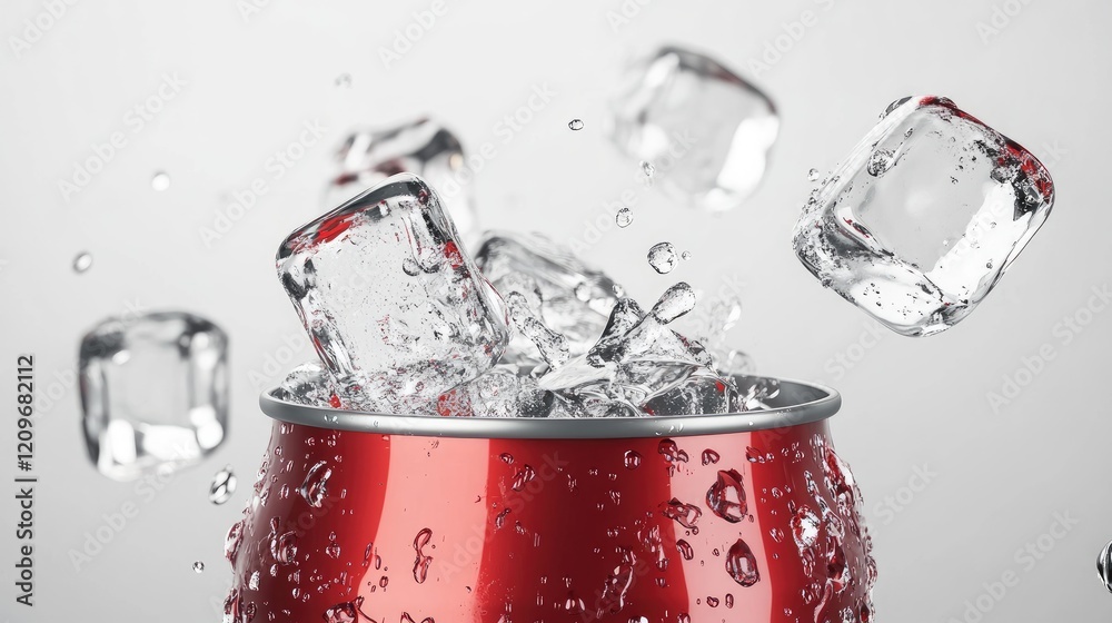 Poster Soda can splashing with ice cubes falling in a dynamic display against a clean white background