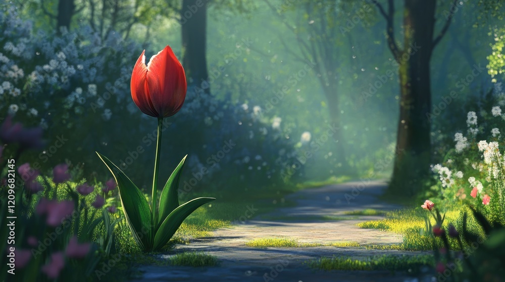Poster solitary red tulip blooming on a serene garden path surrounded by lush greenery and soft sunlight fi