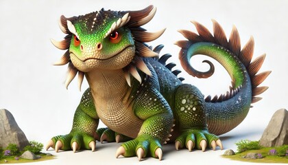Fototapeta premium 3D cartoon dragon with vibrant scales and a playful stance on a white background