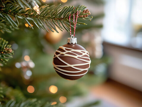 Pralina al cioccolato decorata su un ramo di un albero di natale, con sfondo bokeh