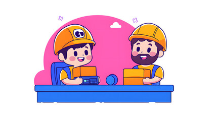 Construction workers collaborate on project office workspace digital illustration friendly environment eye-level view teamwork concept