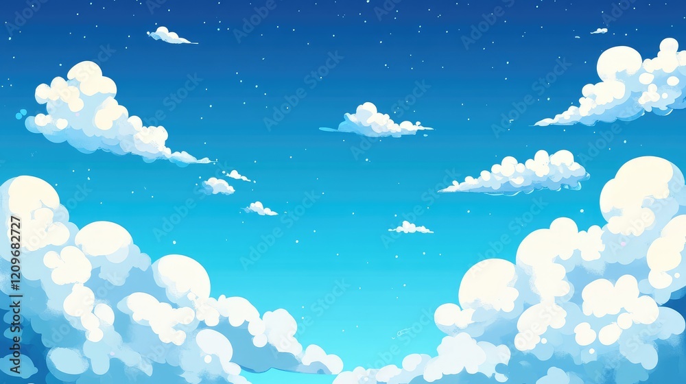 Aufkleber bright blue sky with fluffy white clouds and subtle stars, serene daytime atmosphere ideal for backd